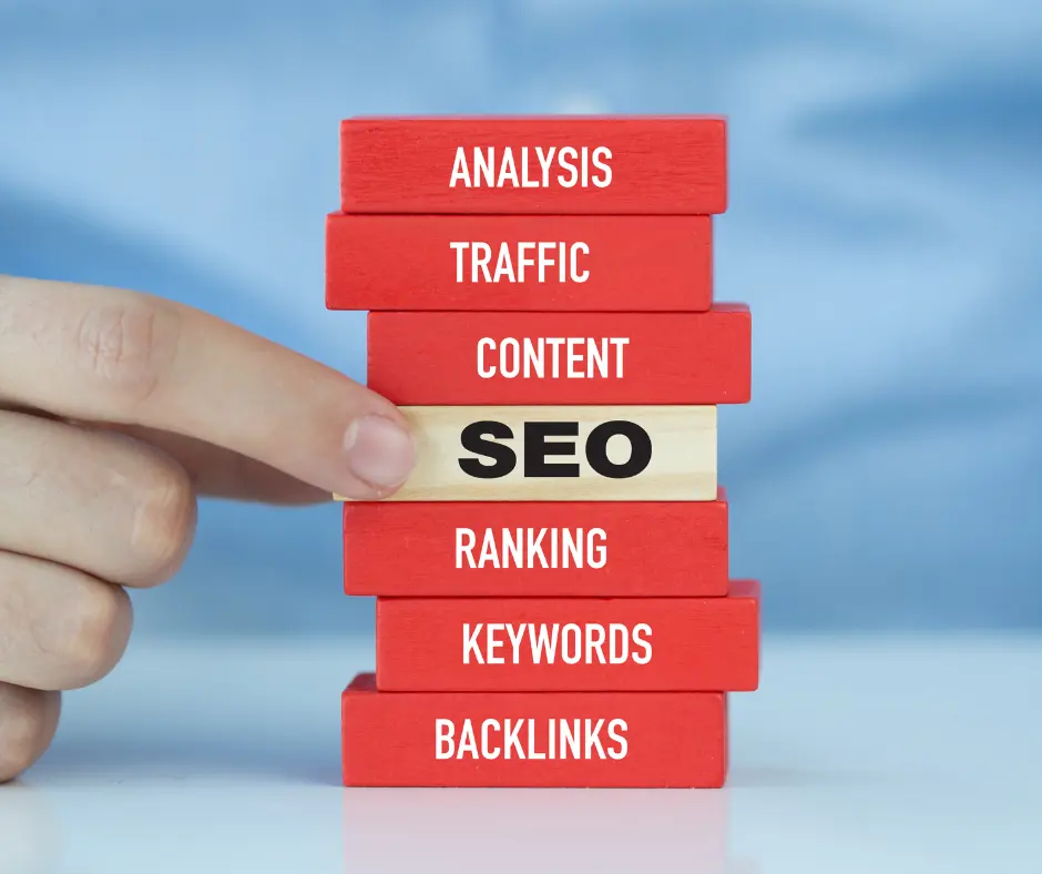 pegs that say analysis, traffic. content, SEO, ranking, keywords, backlins