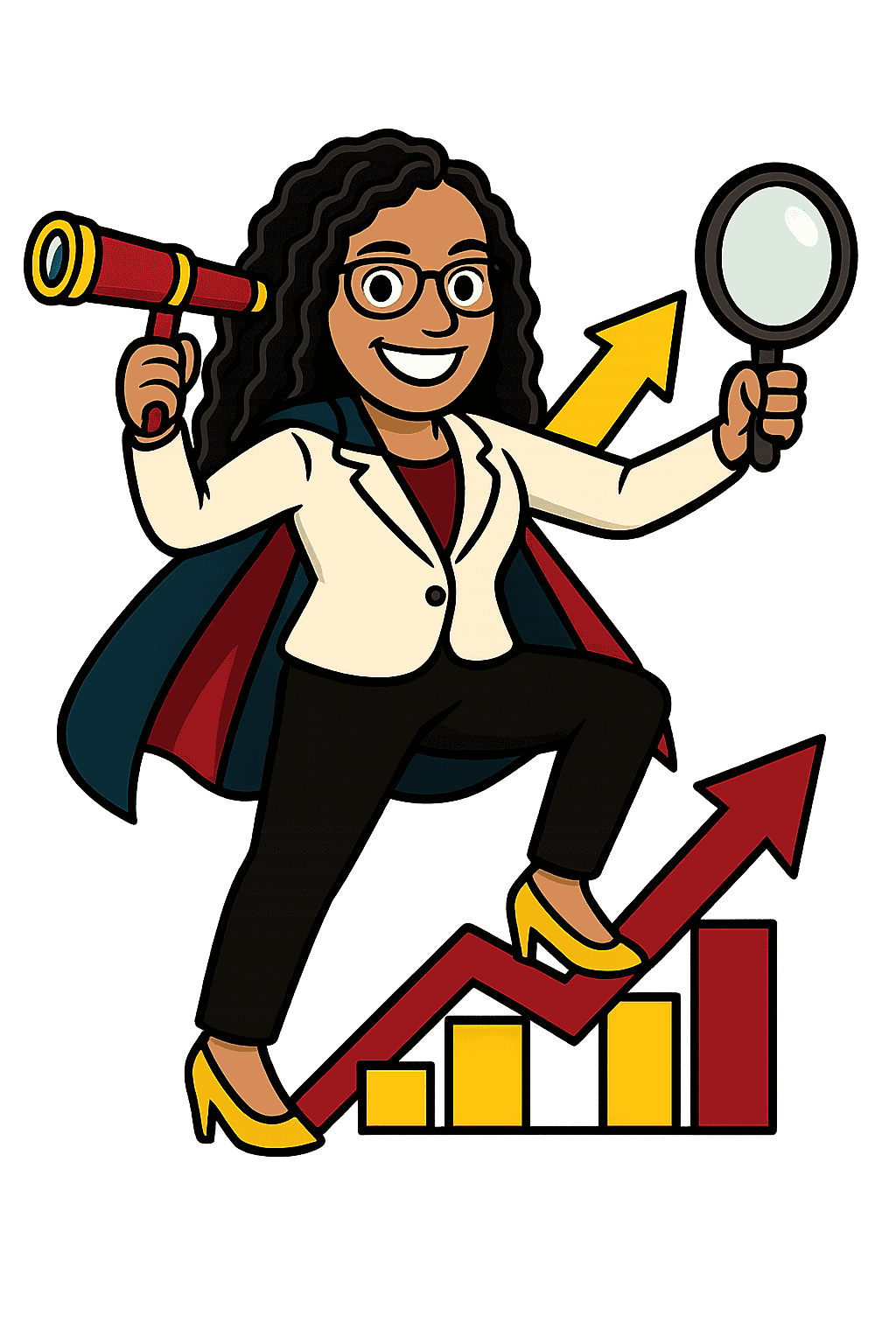 cartoon woman holding a magnifying glass and telescope on an upward arrow