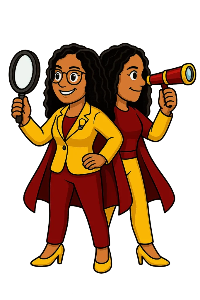 twin cartoon with magnifying glass and telescope